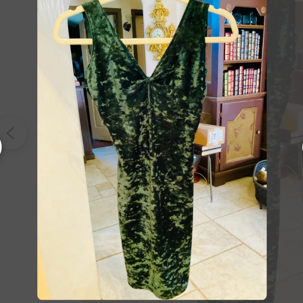 Vintage 90s Crushed Velvet Stretch Dark Green Mini Dress XS Low Back Sexy
